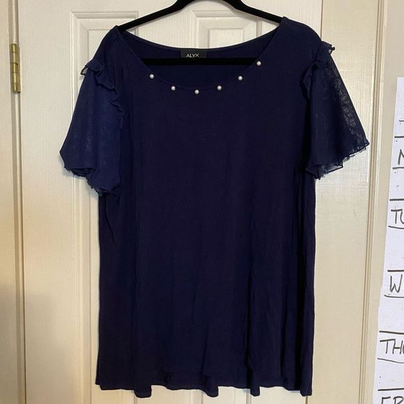 Alyx Navy Blue Lace Short Sleeve Shirt Pearl Embroidered Blouse Size 2XL, XXL - Picture 2 of 9